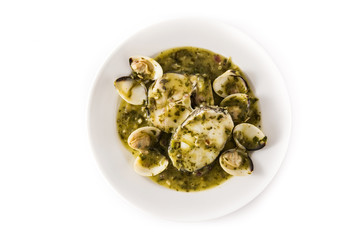 Hake fish and clams with green sauce. Typical spanish recipe.Top view