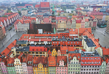 Aerial view of the historic center of Wroclaw, Market Square and the Old Town. Poland