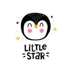little Star. cute penguin with lettering, stars, decor elements. Flat simple colorful vector for kids. hand drawing. baby design for card, print for t-shirt
