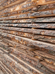 Wooden planks. Air-drying timber stack.