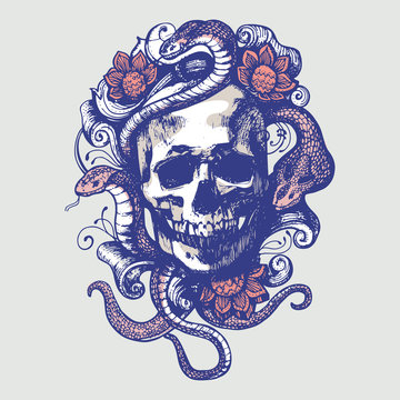 Skull with patterns, flowers and snakes.