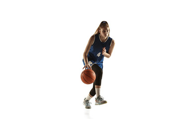 Young caucasian female basketball player of team in action, motion in run isolated on white...