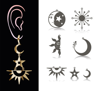 5 Earring Designs. Cutout silhouettes with half moon, star, sun, space, sunshine. Astronomy design is suitable for creating dainty & charm jewellery (earrings, necklace, pendant) and Christmas decor. 
