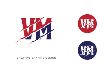 Red and blue scratched VM letter template logo design with circle icon