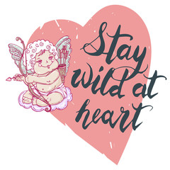 Angel and lettering on background heart for holidays.