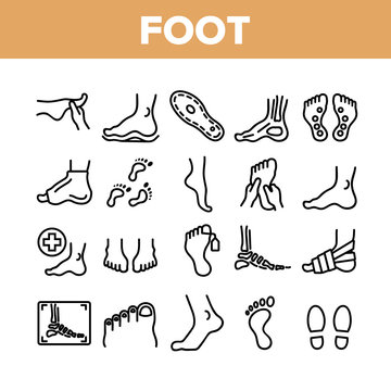 Foot Human Body Part Collection Icons Set Vector Thin Line. Skeletal Foot X-ray Photo And Bones, Footprint And Ankle, Gypsum And Heel Concept Linear Pictograms. Monochrome Contour Illustrations