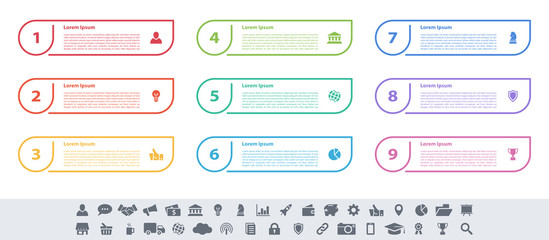 Infographic design business concept vector illustration with 9 steps or options or processes represent work flow or diagram or web button banner