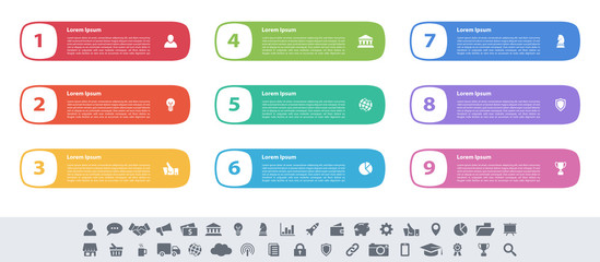 Infographic design business concept vector illustration with 9 steps or options or processes represent work flow or diagram or web button banner