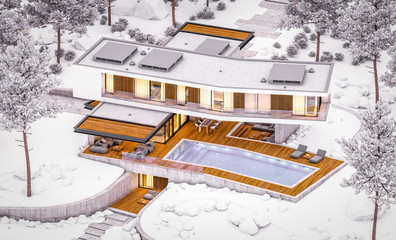 3d rendering of modern cozy house on the hill with garage and pool for sale or rent with beautiful landscaping on background. Cool winter evening with cozy light inside.