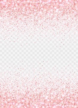 Rose gold glitter partickles isolated on transparent background. Pink backdrop shimmer effect for birthday cards, wedding invitations, Valentine's day templates etc. Falling sparkling confetti.