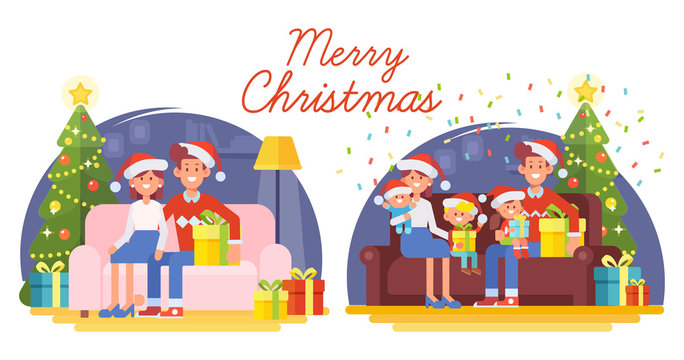 Father, mother, children  celebrate the holiday at home. Joyful family near the New Year tree. Merry Christmas and Happy New Year. Vector illustration in cartoon style