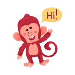 Funny Little Red Monkey Saying Hi And Greeting Somebody Vector Illustration Cartoon Character
