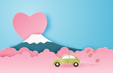 Illustration of love and Valentine's day greeting card in paper cut style. Honeymoon travel in Japan. Digital craft paper art.