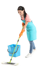 Female janitor with mop on white background
