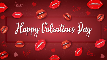 Happy Valentine's Day banner with realistic red lips on red background