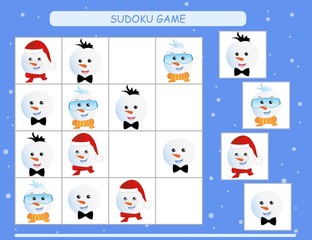 Sudoku for kids. Kids activity sheet. Training logic, educational game. Sudoku game with funny snowman.