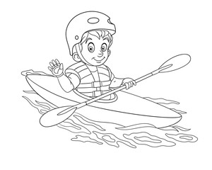 coloring page with boy canoeing, extreme kayaking © Sybirko