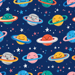 Space Seamless Pattern with Planets and Stars. Doodle Cartoon Cute Saturn Planet Smiling Face. Space Vector Background for Kids t-shirt Print, Nursery Design, Birthday Party