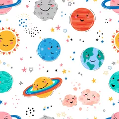 Papier Peint photo Cosmos Modèle sans couture de l& 39 espace avec le système solaire de planètes, le soleil, la météorite et les étoiles. Visage souriant de planète mignonne de dessin animé de Doodle. Fond de vecteur d& 39 espace pour l& 39 impression de t-shirt d& 39 enfants, co