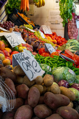 Fresh harvested fruits and vegetables for sale on weekly spanish market in Andalusia, Spain