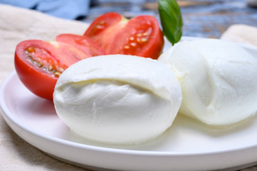 Cheese collection, organic mozzarella soft cheese served with ripe tomato and fresh green basil