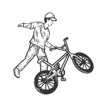 Guy ride BMX bike sport bicycle sketch engraving vector illustration. T-shirt apparel print design. Scratch board style imitation. Hand drawn image.