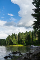 Naklejka premium Lake Teletskoye in the mountains. In the evening you can see the hills and nature. Altai region