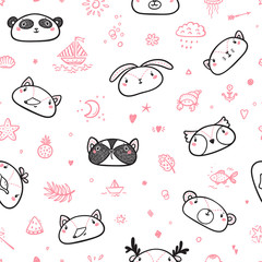 Doodle Cute Animal and Bird Faces with Summer Symbols Seamless Pattern. Cartoon Scandinavian Style Animal Heads. Vector Background for Kids Fashion Design