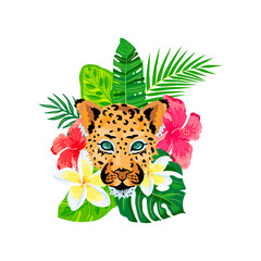 Obraz premium Leopard face with tropical leaves, plumeria, hibiscus. Design for flyer, poster, t-shirt print, invites, sticker, pattern. Vector illustration on white background.