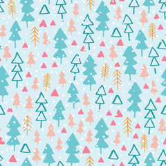 Seamless pattern with winter forest in colourful pastel backdrop. Hand drawn style nature highlands vector illustration. Surface design for wintery holiday and children collection.