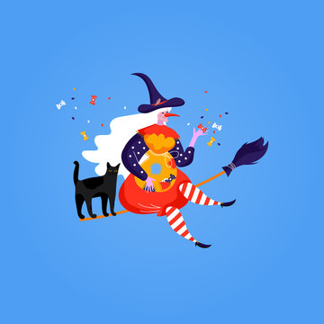 Icons of Befana. Italian Christmas holiday. Cute witch and cat for Happy Epiphany day.