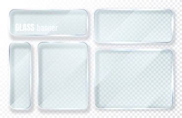 Glass plates set. Glass banners on transparent background. Flat glass clear window. Vector illustration