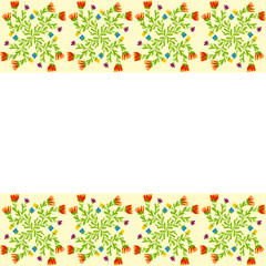 card with hand drawn borders with yellow and orange flowers with green leaves with white background for lettering