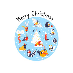 Fototapeta na wymiar Set icons of cute animals. Funny characters hand drawn style for merry christmas card. Raccoon, boar, lamb. mole, bullfinch, owl, bear, rabbit, walrus, hedgehog, bat, fox decorate new year tree