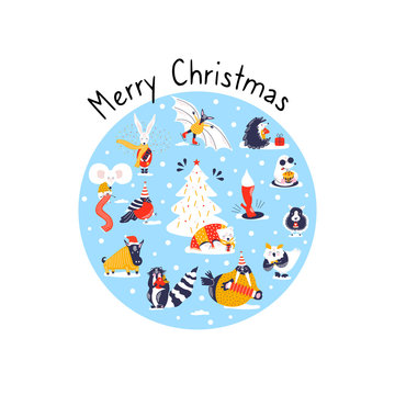 Set icons of cute animals. Funny characters hand drawn style for merry christmas card. Raccoon, boar, lamb. mole, bullfinch, owl, bear, rabbit, walrus, hedgehog, bat, fox decorate new year tree