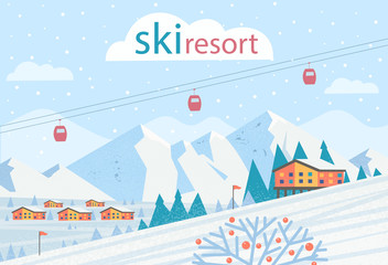 Ski resort. Winter landscape with ski lift, mountains, houses. Vector flat illustration.