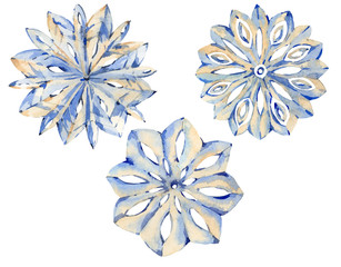 Watercolor winter collection of different snowflakes. Christmas watercolor vintage illustration isolated on white background