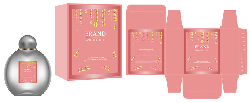 Holiday concept packaging design, Label on cosmetic or perfume container with pink luxury box template and mockup box. illustration vector.