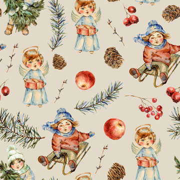 Watercolor Winter Vintage Seamless Pattern With Kids And Fir Branches, Bird, Berries, Pine Cones, Red Apple