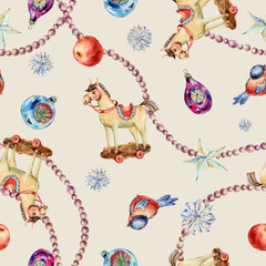 Watercolor vintage Christmas toys seamless pattern. Wooden horse, star, red apple, pearl garland beads texture