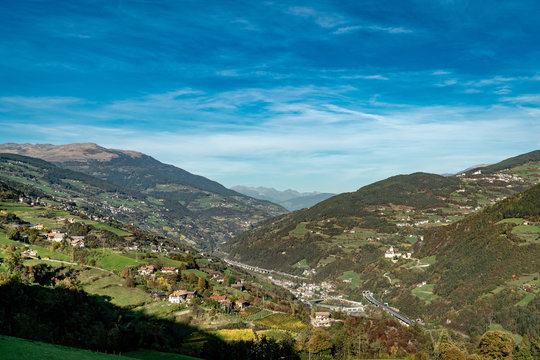 Overlooking the Eisack valley with the Brenner motorway and the villages on the Ritten