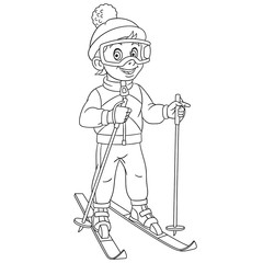 coloring page with boy skier ski running