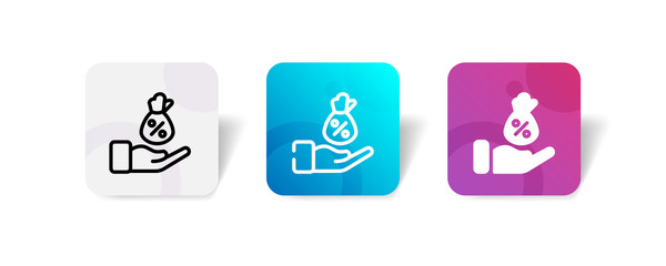 hand receive sack bag with percentage sign icon in outline and solid style with colorful smooth gradient background, suitable for UI, app button, infographic, etc