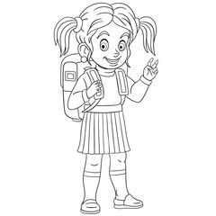 coloring page with schoolgirl with backpack
