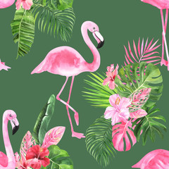 Jungle seamless pattern with tropical leaves, palm monster banana, flamingo on a green background. Fabric wallpaper print texture. Stock illustration.