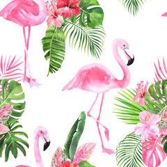 Jungle isolated seamless pattern with tropical leaves, palm monster banana, flamingo on an isolated white background. Fabric wallpaper print texture. Stock illustration.
