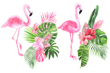 Watercolor pink flamingo, tropical bouquet, tropical leaves on an isolated background, watercolor painting, botanical stock illustration, floral design. - obrazy, fototapety, plakaty