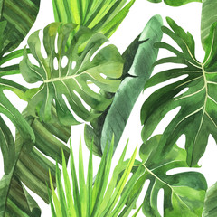  Tropical seamless pattern with tropical leaves, palm banana monstera on an isolated white background, watercolor jungle drawing, stock illustration.