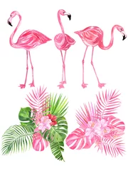 Fototapete Flamingo Watercolor pink flamingo, tropical bouquet, tropical leaves on an isolated background, watercolor painting, botanical stock illustration, floral design.