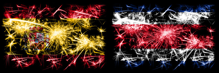 Spanish vs Costa Rica New Year celebration sparkling fireworks flags concept background. Combination of two abstract states flags.